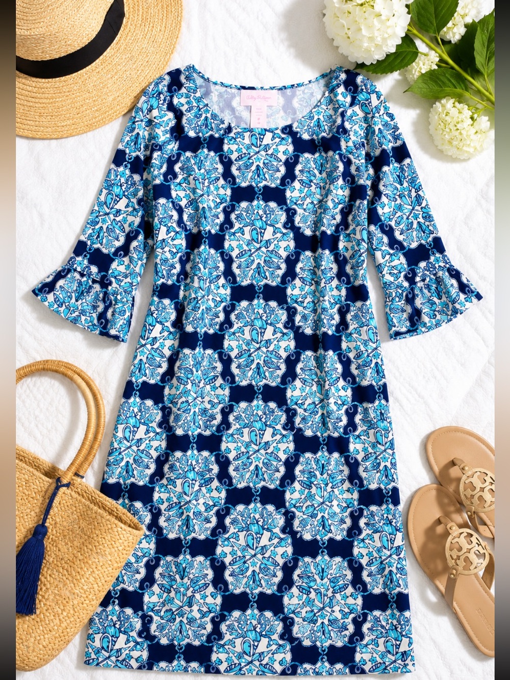 Lilly Pulitzer Blue Seashell Print Sheath Dress Bell Sleeve Small